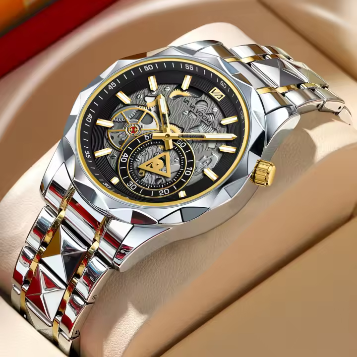 Reloj De Cuarzo Para Hombre VA VA VOOM Con Movimiento De Cuarzo Dial Hollowed out De 41mm Luminoso Dorado Luxuoso Reloj De Pulsera - 1