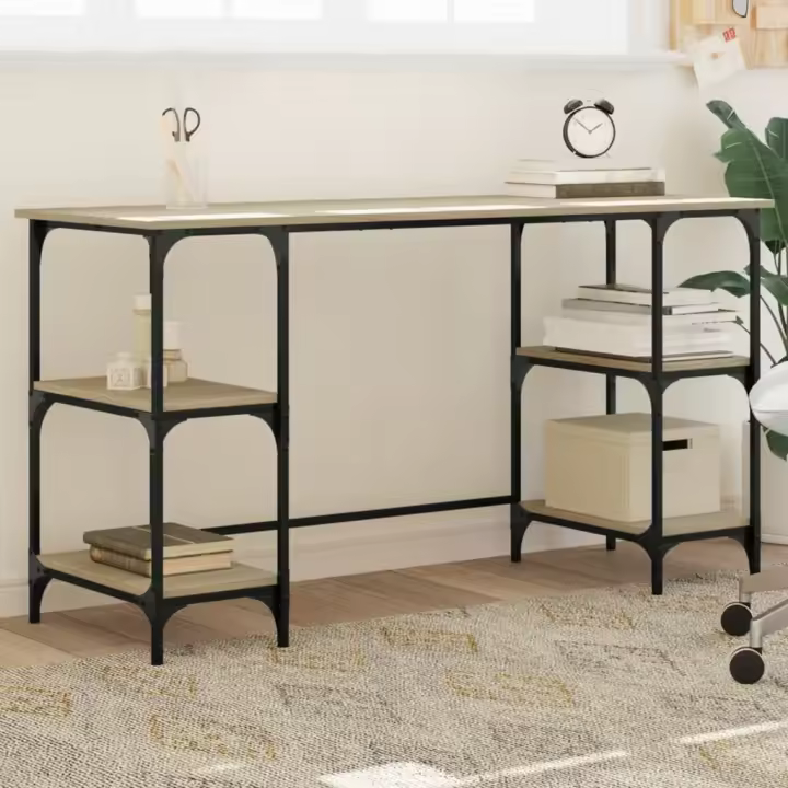 vidaXL Escritorio metal madera de ingeniería 140x50x75 cm en color Roble Sonoma/Gris sonoma/Marrón roble | estructura resistente ideal para salón dormitorio o estudio - 1