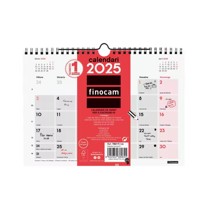Finocam - Calendario Neutro de Pared para Escribir 2025 Neutro Enero 2025 - Diciembre 2025 (12 meses) Catalán - 1