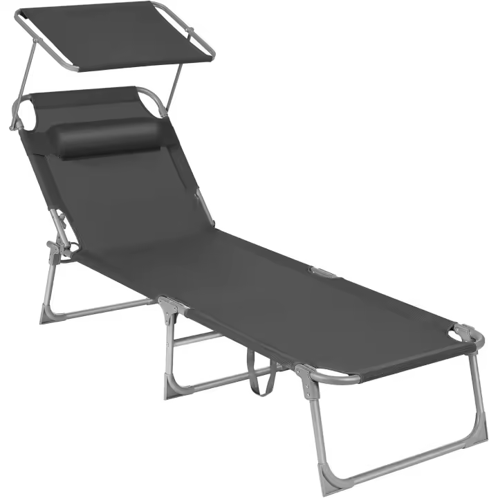 Tumbona, Tumbona Reclinable, 193 x 53 x 29 cm,Carga de 150 kg, con Reposacabezas de Protección Solar y Respaldo Reclinable, para Terraza, Piscina, Jardín, Gris Oscuro - 1
