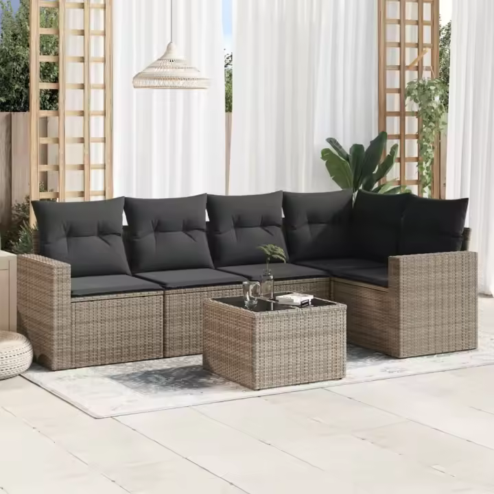 vidaXL Set de muebles de jardín 6 pzas y cojines ratán sintético gris - 1