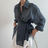Camisa Casual Para Mujer Suelta Con Cinturón Y Cuello En V Vintage De Manga Larga Transpirable Para Oficina Y Uso Diario - details 4