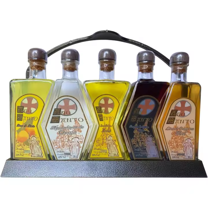 Deliex delicias de Extremadura. Set de licores para regalos. 5 botellas de 20 cl con forma de puzzle presentada en estructura de baquelita. Regalos originales - 1