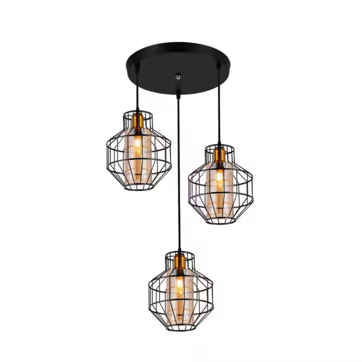 Lámpara colgante de techo de metal color negro y 3 tulipas de cristal. E27 40W. Ref. 2007-3 - 1
