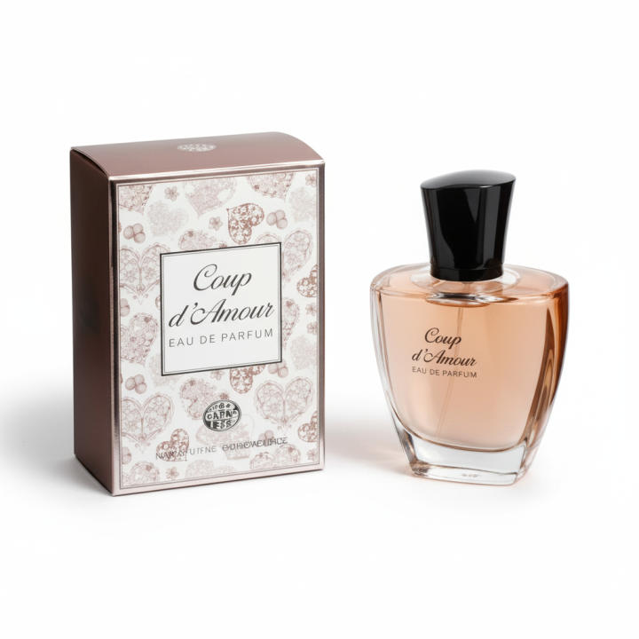Perfume femenino Coup d’Amour Eau de Parfum, fragancia romántica y delicada con aroma suave y envolvente. Ideal para el día a día o ocasiones especiales. Presentado en frasco con estuche original. 🚚 Envíos a España en 24/48 horas.