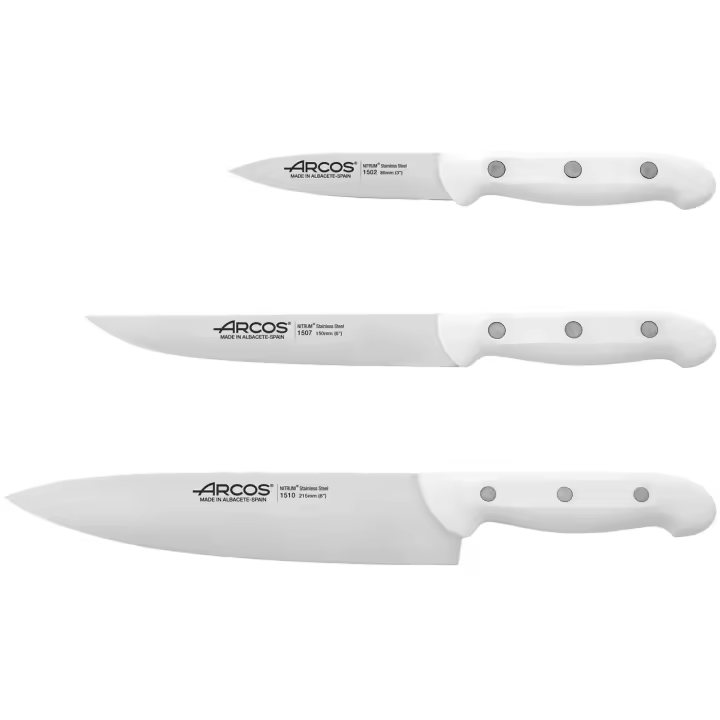 ARCOS Artika - Set 3 Cuchillos de Cocina (80, 150 & 215 mm) - Hoja de Acero Inoxidable Nitrum® - Mango Blanco de Polipropileno (PP) - 1502/07/1024 - 1