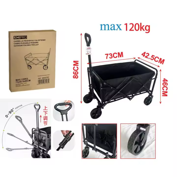 Carrito de Transporte de Mano Plegable ,Carro con 4 Ruedas Grandes con Freno Resistentes para Camping, Playa,Jardín,Piscina, Casa o Almacén.Carreta plegable para jardín y aire libre con bolsa.Carretilla con Mango Ajustable CARRO. - 1