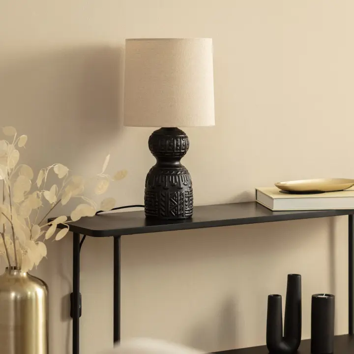 Ledkia Lámpara de Mesa Cerámica Hulun para Decoración étnica con Base Negra y Pantalla Beige - 1