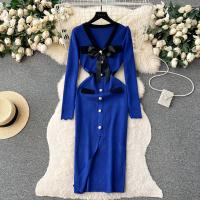 YuooMuoo Vestido Elegante Bodycon Para Mujer Con Cuello V Y Lazo Manga Larga Split Frontal Estilo Oficina Lady Chic Para Fiesta Y Trabajo - details 4