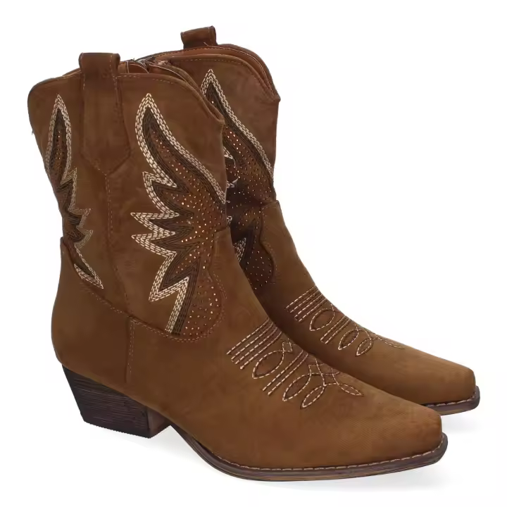 PuntoSalao Botines estilo cowboy tacón medio para mujer color camel A-3317 - Botínes de Tacón Campero  Diseño Elegante con Bordados  Comodas y Punta Afilada  Cierre de Cremallera Lateral. - 1