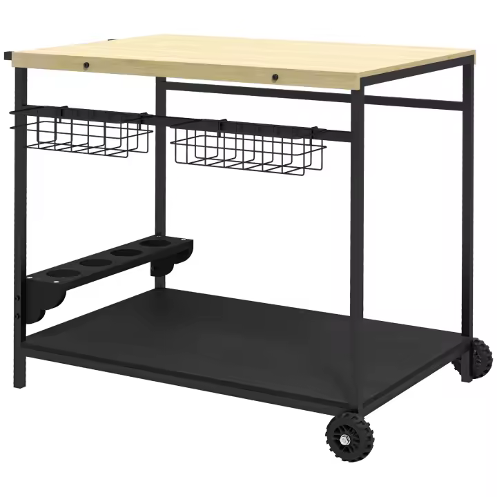 Outsunny Carro de servicio, carro de jardín con 2 niveles, carro de barbacoa con cesta de almacenamiento, carrito de cocina al aire libre con asa, portavasosPara balcón, abeto, natural, 97,5 x 65 x 81 cm - 1