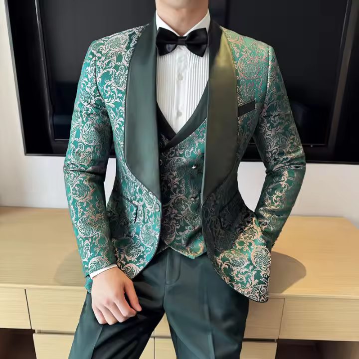Traje De Tres Piezas Para Hombre Estilo Británico Primavera 2025 Traje De Negocios Casual Chaqueta Pantalón Alta Densidad Jacquard Vestido De Boda - 1