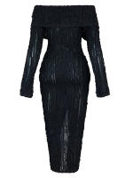 Beyprern Vestido Midi De Mujer Elegante Con Pliegues Y Hombros Descubiertos Translúcido Ajustado Para Fiesta Noche Club - details 1
