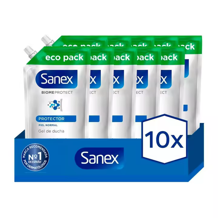 Recarga para gel de ducha o baño Sanex BiomeProtect Dermo, piel normal, prebiótico, recambio 950ml. Pack 10 - 1