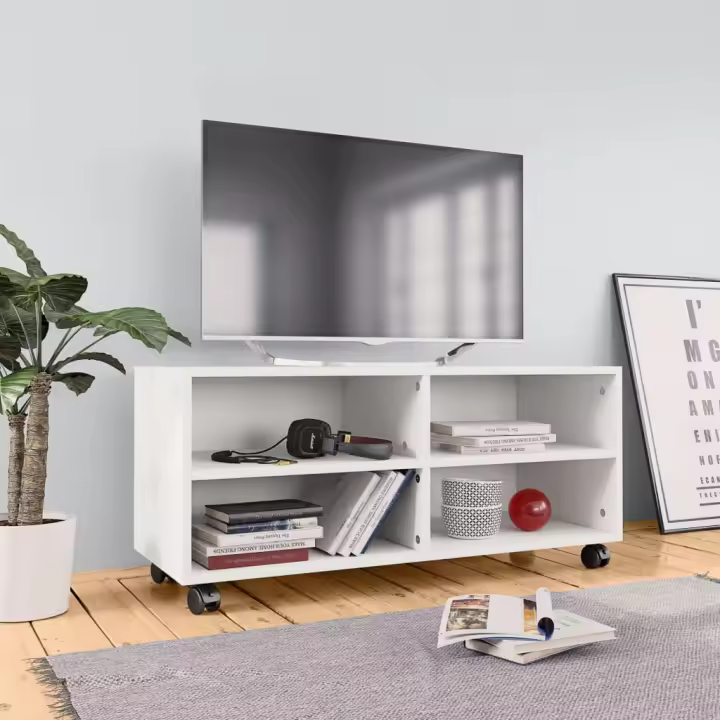 Mueble de TV con ruedas madera contrachapada blanco 90x35x35 cm - 1