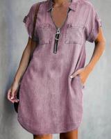Vestido De Verano Para Mujer Estilo Casual Cuello En V Manga Corta Cierre De Cremallera Digital Imitación Denim Mini Falda Antebrazo - details 4