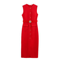Vestido Midi Elegante Para Mujer TRAFZA Casual Solado Sin Mangas Cuello Redondo Cinturón Frontal Abierta Slim Lady Vestido De Noche - details 1