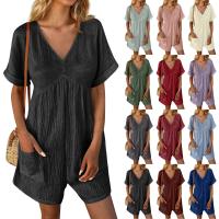 Monos De Verano Casuales Para Mujer Con Hombros Descubiertos Y Mangas Cortas Ruched Estilo Romper De Piernas Largas Con Bolsillos De Poliéster - details 0