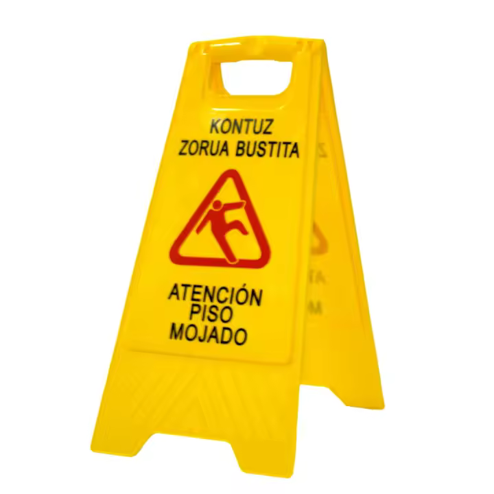 PAMEX Señal de Suelo Mojado en Euskera y Castellano. Cartel Plegable Señalización Advertencia Mojado Color Amarillo. Advertencia Superficie Resbaladiza. - 1