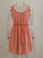 Vestido De Playa Para Mujer Con Encaje Y Sin Mangas Estilo Europeo Y Americano Dulce Y Claro De Color Sólido Para Verano Vestido De Cintura Alta Con Cuello En V Y Manga Corta - details 3