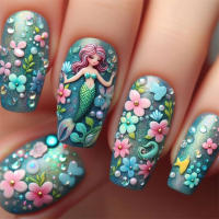 24pcs/set Uñas Postizas Largas Medias Falsas De Cuadrado Ballet Con Flores Y Mariposa Azul Verde Para La Temporada De Primavera Y Verano - details 11