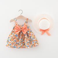 Conjunto De 2 Piezas Ropa Infantil Para Niñas Vestido De Verano Estilo Coreano Con Tirantes Flores Y Falda Playa Sombrero Del Mismo Estilo - details 1