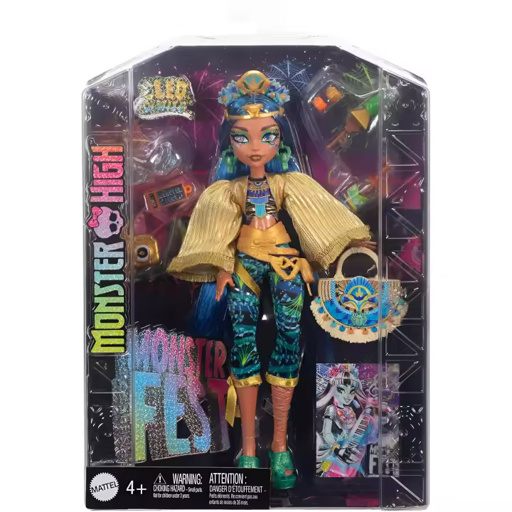 Monster High Monster Fest Cleo de Nile, Muñeca Momia con Top de Flecos Dorados, Pantalones Joya y Accesorios con temática de Festival, Juguete Regalo para niños y niñas +4 años, HXH81 - 1