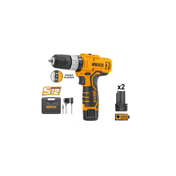 TALADRO ATORNILLADOR PERCUTOR CIDLI1232E INGCO S12 12VOLT (CARG+ 2 BAT) - 1