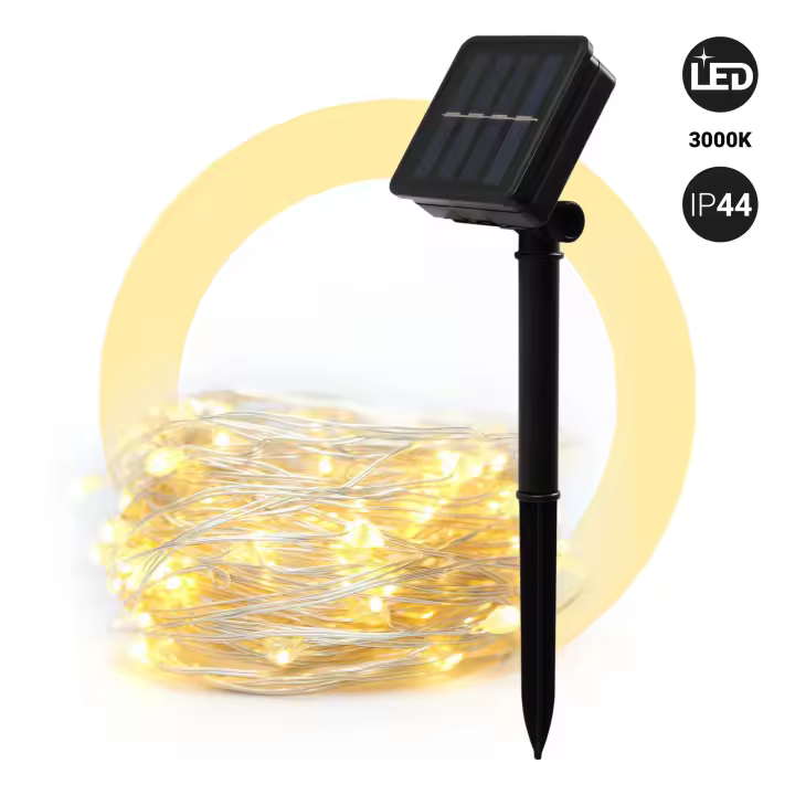 Barcelona LED Guirnalda solar en alambre plateado - IP44 - 100 luces - Blanco cálido - 10 metros - 1