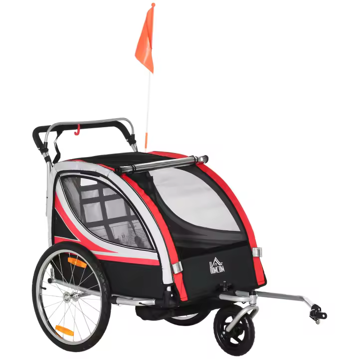 HOMCOM Remolque de Bicicleta para Niños +18 Meses 2 en 1 Cochecito de Paseo de 2 Plazas con Freno de Mano Cinturón de Seguridad Bandera y Reflectores 142x75x101 cm Rojo - 1