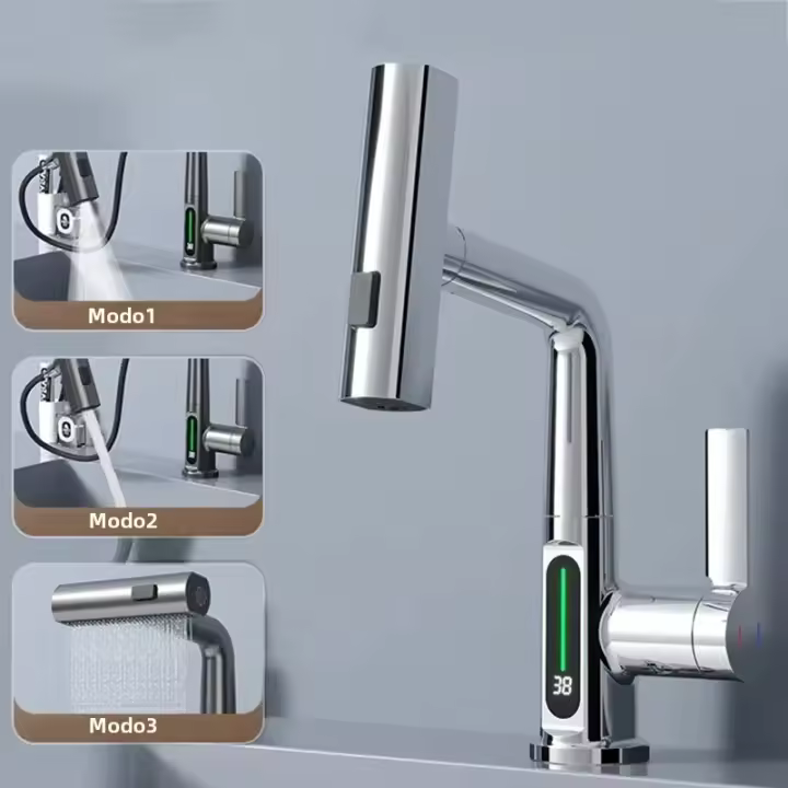 Grifo De Baño Con Pantalla Digital De Temperatura Regulador De Agua Caliente Y Fría Torneado De Latón Cerámica Para Lavabo - 1