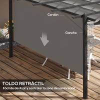 Outsunny Pérgola de Aluminio 4x3 m Cenador de Jardín con Techo Retráctil Tela de Poliéster y 8 Orificios de Drenaje para Patio Terraza Exterior - details 1