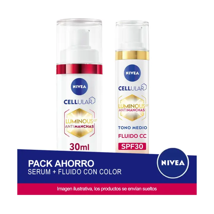 NIVEA LUMINOUS 630 Pack ahorro - Contiene Serum 2 en 1 antimanchas y Antiedad + Fluido CC con color FP30 (Tono Medio) - 1