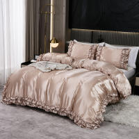 Set De Edredón Satinado 3PCS Colores Blanco Khaki Y Rosa Seda Suave Con Volantes Estilo Moderno Para Cama Conjunto De Ropa De Cama - details 30