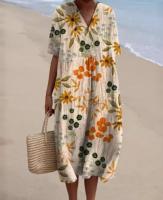 Vestido Midi De Algodón Y Lino Sólido Para Mujer Estilo Casual Verano Manga Corta Cuello En V Vestido De Playa Vacaciones - details 8