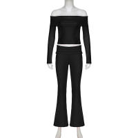 HEYounGIRL Conjunto De Camiseta Y Pantalones Flares De Manga Larga Hombro Descubierto Estilo Casual Streetwear Slim Para Mujer Otoño Invierno - details 3