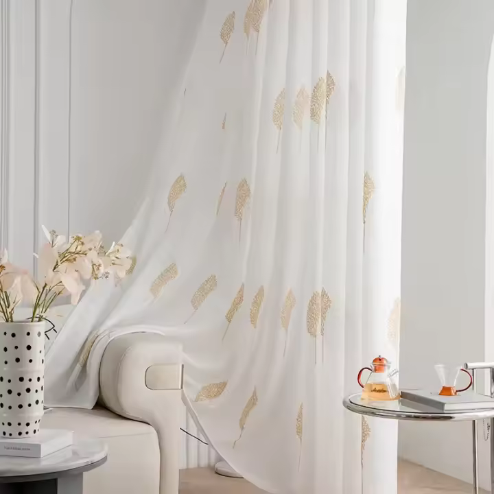 Cortina De Tules Bordadas Simples Con Plantas Americanas 1PC Para Sala De Estar Y Dormitorio Translúcida Cortina De Puerta Hecha De Poliéster 100% - 1
