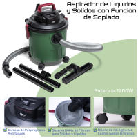 XSQUO Useful Tech PowerVac Plus Aspiradora de sólidos líquidos, función soplado 1200w, aspiración 19kpa, soplado 16 m2/min, capacidad 1.8 Litro, carcasa anti impactos. Fácil desplazamiento. Cable alimentación 5 mts. manguera 1.5 mts  Radio acción 8 metros - details 2