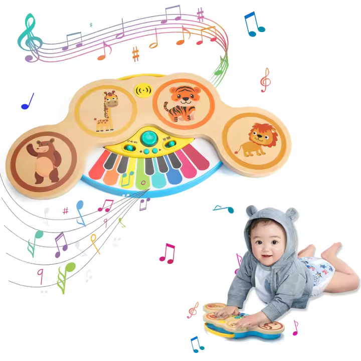 Wooden 2in1 Keyboard Piano Clapping Drum with Light & Music Cartoon Animals Music Toys Educational Toys for 12 months Baby Gifts - 1