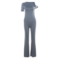 Conjunto De Ropa Casual Para Mujer Con Nudo Irregular Y Pierna Ancha Estilo Slim Streetwear Verano 2 Piezas Top De Manga Corta Y Pantalones - details 1