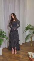 Vestido Maxi De Mujer Elegante Y Fresco Con Puntos Asimétrico Y Manga Larga Detalles De Cinturón Slim A-Line De Chiffon - details 6
