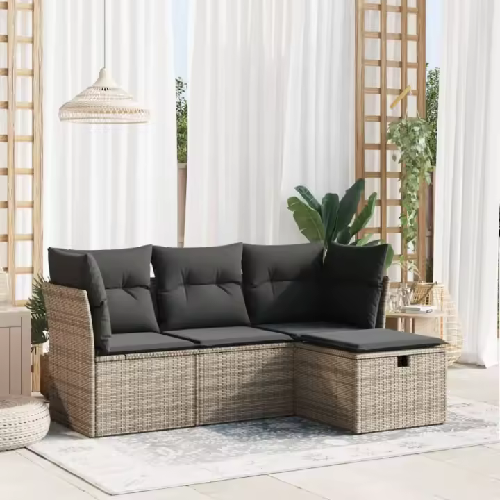 vidaXL Set de sofás de jardín 4 pzas y cojines ratán sintético gris - 1