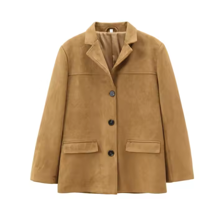 Chaqueta De Cuero Seda Vintage Para Mujer ZBZA Marrón Cuello Redondo Manga Larga Con Bolsillos Cierre Simple Estilo Casual Otoño Invierno - 1