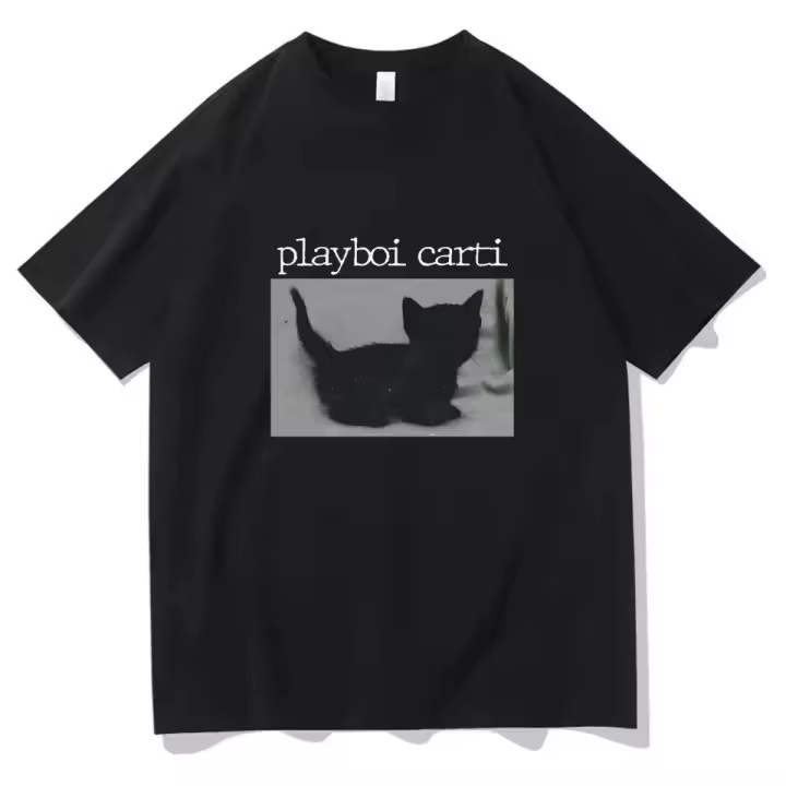 Camiseta Playboi Carti Para Hombres Estilo Hip-Hop Con Imagen De Gato Harajuku Cuello Redondo Manga Corta Algodón Transpirable Para Todas Las Estaciones - 1