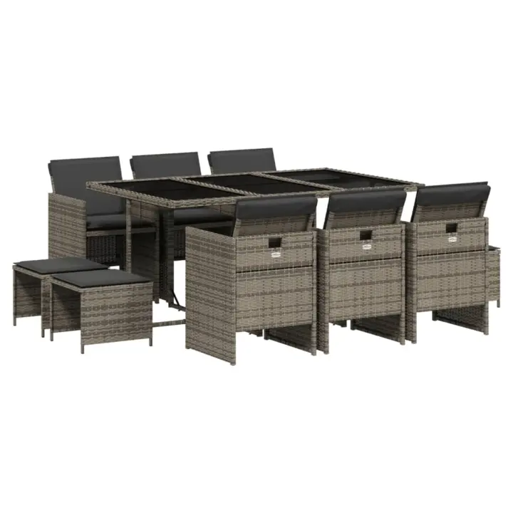 vidaXL Set de comedor de jardín 11 pzas y cojines ratán sintético gris - 1