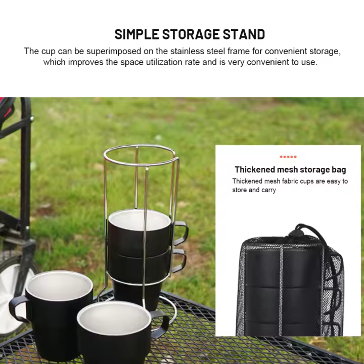 Juego de 4 tazas de café apilables con rejilla apilable, tazas de acero inoxidable 304 con doble aislamiento para café, cerveza, leche, té, camping al aire libre, picnic - 1