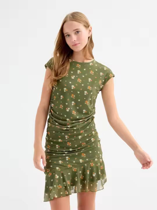Vestido corto ajustado, cuello redondo, manga sisa, cintura fruncida, bajo asimétrico con volantes INSIDE - 1