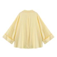 Camisa Asimétrica de Verano para Mujer – Estampado a Rayas, Mezcla de Lino, Mangas Anchas Rizadas, Cuello Versátil, Estilo Informal y Fresco - details 8