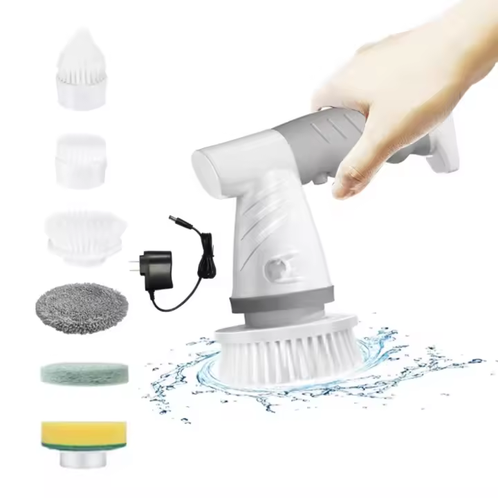 Fregadora portátil de mano, fregadora eléctrica de fácil limpieza de 360° con cabezales de cepillo reemplazables, - 1