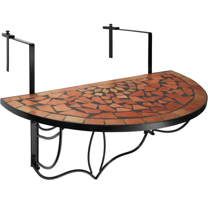 Tectake - Mesa plegable de balcón para macetas mosaico 75 x 65 x 62 cm  Tablero de mesa robusto y estable, con decorado de mosaico a teselas  Diseño semicircular  Anclajes metálicos sólidos para colgar la mesa - 1